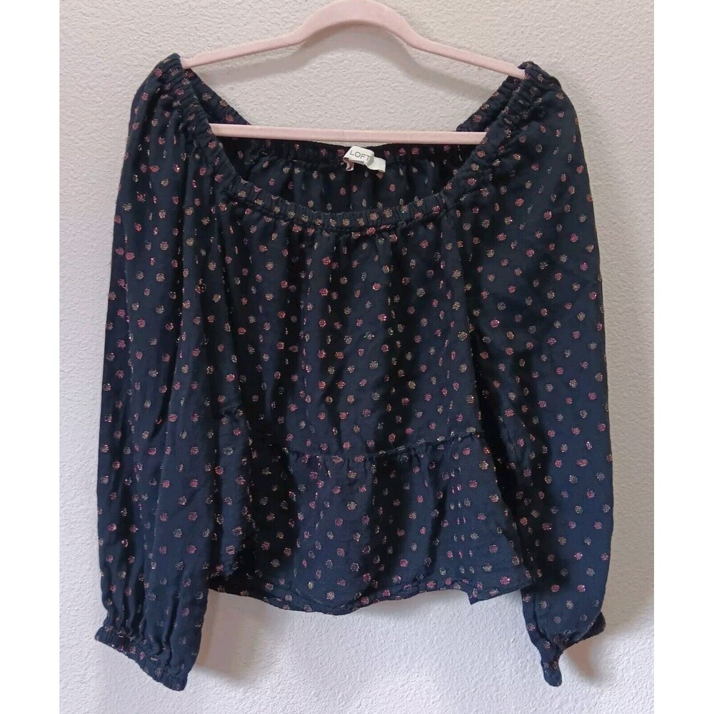 Loft Off Shoulder Blouse Medium Cropped Peplum Polka Dot Black